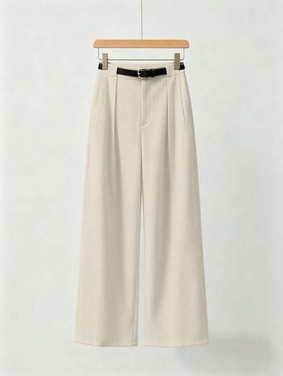 Mid Waist Solid Color Elegant Office Straight Pants With Belt Spring, Smart Casual